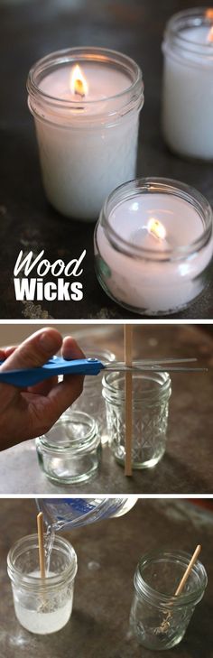 two pictures showing how to make candles with wood sticks