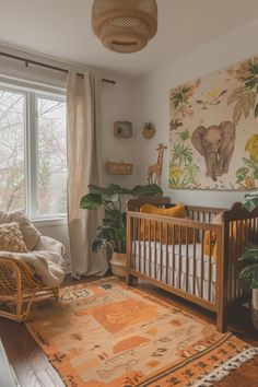 a baby's room with a crib, rocking chair and large painting on the wall