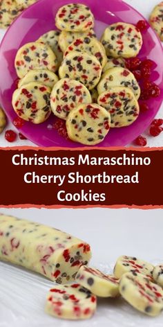 christmas maraschino cherry shortbread cookies on a pink plate