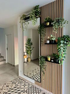 there is a mirror and some plants on the wall in front of it that has been decorated with black and white stripes