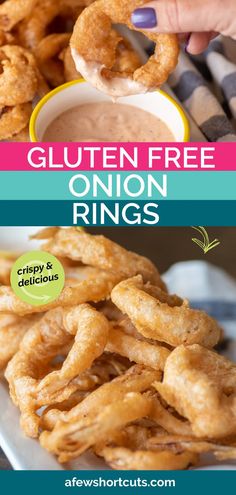 onion rings on a plate with dipping sauce in the middle and text overlay that reads easy onion rings vegan & gluen option