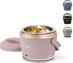 an electric crock pot with lid and handle is shown in three different color options