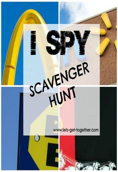 the words i spy scavenger hunt are overlaided with images of buildings