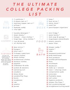 the ultimate college packing list is shown in pink and white, with text overlaying it