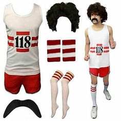 Top Rated Men Women 118 fancy Dress Costume Marathon Retro Vest Short Tash Socks Wig Lot, women's tops Retro Vest, Mens Fancy Dress, Stag Do, Fancy Dress Costume, Dress Costume, Striped Socks, Fancy Dress Costumes, Fancy Outfits, White Sleeveless