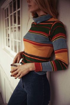 I dig all things retro and this striped retro color sweater and cord pants are very stylish! Just the fashionable almost bohemian style i love | Casual outfit fashion tips for Zefinka for women who love style. Scandi Fashion, Robin Buckley, Cruel Summer, Fashion Moodboard, Chique Outfits, Look Retro, Clothes Style, Moda Vintage