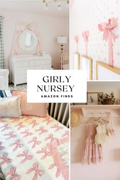 the girly nursery is filled with pink and white accessories