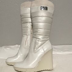 Beautiful Guess Boots, High Knee Textile And Rubber! Winter Wedge Heels, 4.5” Ht. One Zipper Is Missing The Pull Hardware, But Still Functioning. Might Need To Be Replaced. Otherwise In Great Condition. Never Worn. Casual White Wedge Boots With Round Toe, Casual White Round Toe Wedge Boots, Casual White Wedge Boots For Spring, White High-top Wedge Boots For Spring, White Leather High-top Wedge Boots, White Leather Wedge Boots With Round Toe, White High Heel Wedge Boots For Spring, White Synthetic Wedge Heel Boots, White Platform Boots With Wedge Heel