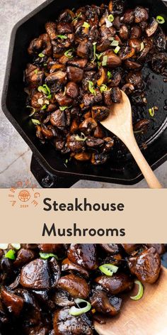 Steakhouse mushrooms with garlic and shallots in a cast iron pan. Cast Iron Mushrooms, Mushroom And Steak Recipes, Steakhouse Mushrooms And Onions, Sauteed Mushrooms For Steak, Steakhouse Mushrooms, Steak Sides, Balsamic Mushrooms, Progressive Dinner, Flat Iron Steak