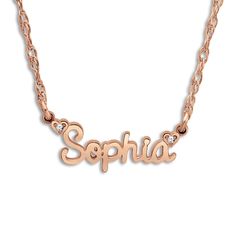 Personalize the perfect gift for a loved one or yourself with this meaningful high-polish name necklace, punctuated with two shimmering diamond accents. Fashioned in 14K rose gold, the 18-inch rope chain secures in place with a spring ring clasp.Free personalization! May be personalized with your choice of 1 name (3 to 8 characters). Personalized Rose Gold Birthstone Necklace For Anniversary, Rose Gold Name Necklaces For Valentine's Day, Rose Gold Necklaces With Name For Valentine's Day, Rose Gold Name Necklace For Valentine's Day, Personalized Rose Gold Birthstone Necklace For Mother's Day, Elegant Rose Gold Name Necklace For Personalized Gift, Personalized Rose Gold Diamond Necklaces, Elegant Engraved Rose Gold Name Necklace, 14k Rose Gold Name Necklace For Personalized Gift