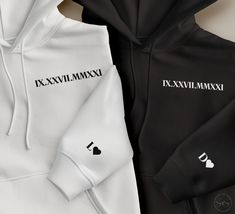 Introducing our Custom Personalized Roman Numeral Hoodie, the perfect way to commemorate your special moments in style! With our customization options, you can immortalize your cherished wedding date or anniversary by having it beautifully embroidered on the front of this cozy hoodie. Every glance at the Roman numerals will serve as a reminder of the unforgettable moments you've shared together. Personalize this hoodie even further by choosing from different sleeve customization, making it truly one-of-a-kind and uniquely yours. Crafted with care and attention to detail, our hoodie is not just a garment, but a wearable memory, designed to keep you warm and cozy while carrying the essence of your most precious moments. Whether it's a milestone anniversary, a significant date, or a special o White Hooded Sweatshirt Gift, Customizable White Hoodie For Gift, Customizable White Hoodie As Gift, Customizable White Hoodie, White Letter Print Hoodie For Gift, Matching Couples Shirts, Heart On Sleeve, Couples Shirts, Matching Couple Shirts