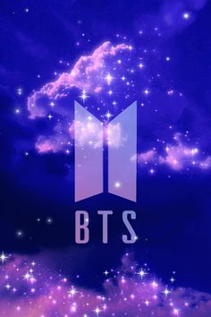 the bts logo with stars and clouds in the background, as well as an image of