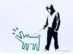 a drawing of a man holding a dog's leash, with the word love written on it