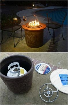 there are two pictures with fire pit and chairs