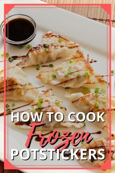 how to cook frozen potstickers on a white plate with sauce and green onions