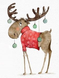 a drawing of a moose wearing a sweater with ornaments hanging from it's antlers