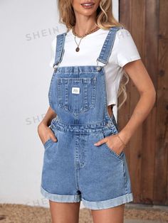 SHEIN Essnce Letter Patched Detail Denim Overalls Without Tee | SHEIN USA Denim Dungaree Shorts, Denim Dungaree, Basket Noir, Blue Denim Shorts, Denim Details, Distressed Denim Shorts, Denim Overalls, Overall Dress