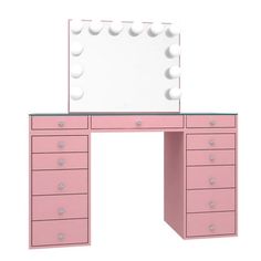 a pink vanity table with a mirror and lights on the top, in front of a white background