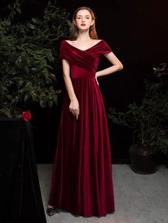 Evening Dress A Line V Neck Matte Satin Floor Length Pleated Social Party Dresses Velvet Dress With Sleeves, Mafia Dress, Deep Red Dress, Wedding Wardrobe, Sleeved Velvet Dress, Ethereal Dress, Designer Evening Dresses, Wardrobe Ideas, Matte Satin