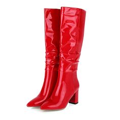 Shop Red Patent Leather Wide Calf Knee High Boots Chunky Heel Slouch Boots for Women color Red for Music Festival, Night Club, Party, Red Carpet with worldwide Free shipping & Free return. Winter Patent Leather Knee-high Heeled Boots, Red Wide Calf Knee-high Boots For Fall, Red High Heeled Boots For Winter, Red High Heel Winter Boots, Winter Party Patent Leather Heeled Boots, Red Mid-calf Boots With Round Toe For Winter, Red Block Heel Boots For Party, Red Knee-high Platform Boots For Party, Chic Red Winter Boots