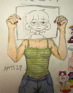 a drawing of a woman holding up a sign with the words, not creepy on it