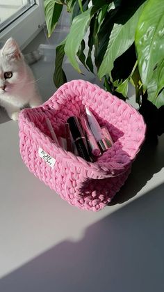 a white cat sitting next to a pink basket on a window sill near a potted plant