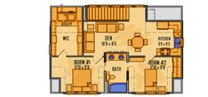 the floor plan for a two bedroom apartment with an attached balcony and living room area