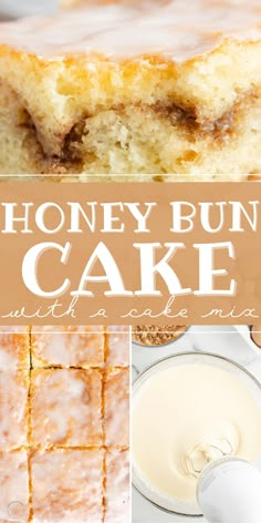 honey bun cake with a cup of milk and spoon in the foreground, collage of images