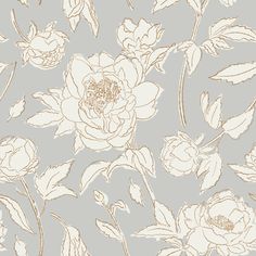 a floral wallpaper pattern with white and beige flowers on a light gray background,