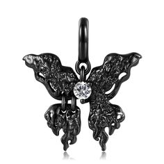 Like a nocturnal butterfly emerging from the shadows, this necklace encapsulates the allure of the night. Adorned with a pristine white gemstone, this exquisite piece is crafted from sterling silver and coated with a sleek black electroplating, embodying the essence of the dark aesthetic. Its intricate design showcases the delicate wings of the butterfly, meticulously crafted to evoke a sense of mystery and enchantment.Width: 19 mmHeight: 20.7 mmMaterial: 925 SilverStone Type: Jeulia® StonePlati Elegant Black Butterfly Charm Necklace, Elegant Black Butterfly Necklace, Elegant Black Necklace With Butterfly Charm, Silver Wing-shaped Fantasy Jewelry, Silver Fantasy Wing-shaped Jewelry, Gothic Stainless Steel Jewelry, Elegant Butterfly Charms Jewelry, Fantasy Silver Wing-shaped Jewelry, Elegant Black Butterfly Necklace Gift