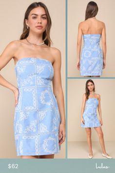 Attending events in the Lulus Lovely Pose Blue Embroidered Strapless Mini Dress is the perfect way to let everyone know you're a cutie with good taste! Lightweight woven fabric (with a chambray-like texture and vintage-inspired pierced embroidery throughout) shapes this cute dress that has a strapless bodice with a straight neckline and hidden no-slip strips. Fitted silhouette continues down to a bodycon skirt that ends at a mini hem. Hidden zipper/clasp at back. Fit: This garment fits true to s