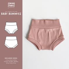 the sewing pattern for baby bummies is shown in pink and white, with an image of