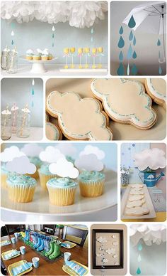 a collage of photos with blue and white decorations on it, including cupcakes