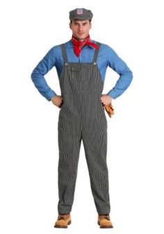 a man in overalls and a hat is standing with his hands on his hips