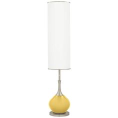 a yellow table lamp with a white shade on the base and a silver metal base