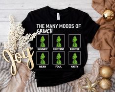 The Many Moods of Grinch Shirt, Christmas Gift T-shirt, Grinchmas Shirt,  Xmas Shirt, Christmas Gift Idea, Funny Grinch Shirt SIZING AND COLORS Make sure you check our size-chart before you place your order. If you are not sure about sizing please measure your favorite t-shirt and compare measurements to the chart for the best fit for you. For detailed sizing information and t-shirt color options, please see listing images.   HOW TO ORDER 𝟏. Please, Check and Review all Photos. 𝟐. Select Your Funny Grinch, Grinch Shirt, Grinch Shirts, Xmas Shirts, Christmas Gift Idea, Grinch, Shirt Color, Custom Orders, Color Options