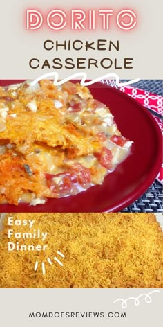 a red plate topped with cheesy chicken casserole