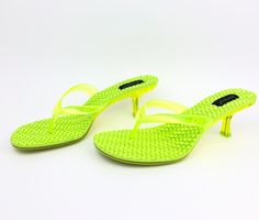 •Soft Foam Sole in Lime Green •Slip on entry •Clear thong strap| lime •Aprox 1.5 inch kitten heel •True to size Kitten Heel, Sling Backs, Mule, Lime Green, Jelly, Kitten Heels, Slip On, Green