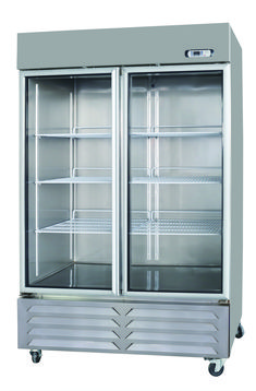 two glass door refrigerators sitting side by side on casteors and wheels, both with the doors open