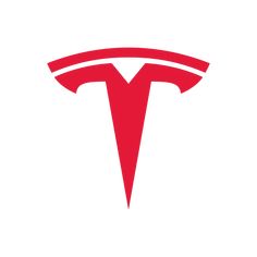 the tesla logo is shown in red on a white background, it appears to be an electric vehicle