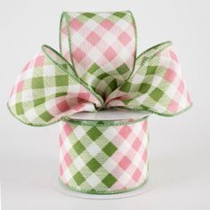 pink and green gingham ribbon with large bow on white background - product image