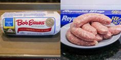 two pictures side by side, one with raw sausage and the other with frozen meat