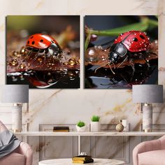 two pictures of ladybugs sitting on top of a table next to each other