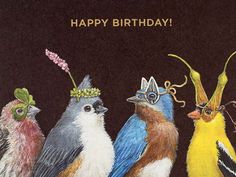 three colorful birds are standing next to each other on a black background with the words happy birthday