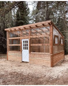 a small wooden building with a white door and windows in the middle of a forest