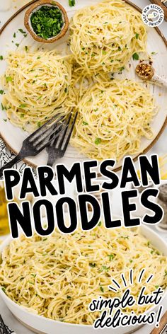 parmesan noodles in a white bowl and on a plate with a fork next to it