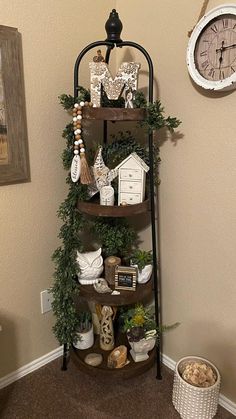 a corner shelf with christmas decorations on it