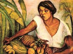 a painting of a woman with bananas and pineapples