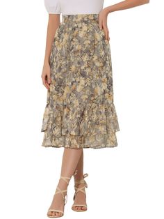 Shop Allegra K for printed chiffon elastic waist ruffle tiered flowy midi skirt you are looking for, get more women's skirts for yourelf. Order now! Free Returns! Brunch Picnic, Flowy Midi Skirt, Skirt Chiffon, Pretty Skirts, Spring Wear, Blossom Print, Printed Skirt, Fall Skirts, Beautiful Skirts