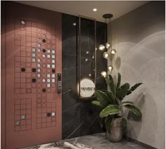 a bathroom with a plant in the corner and a mirror on the wall next to it